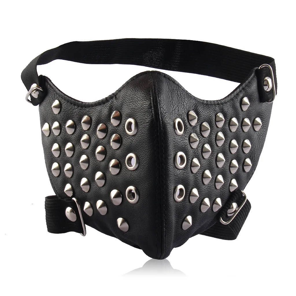 ผู้ชายผู้หญิงสีดํา PU หนัง Skull Rivet Punk Rock หน้ากาก Lady's Breathable Party คอสเพลย์ฮาโลวีนปาก-muffle R3365