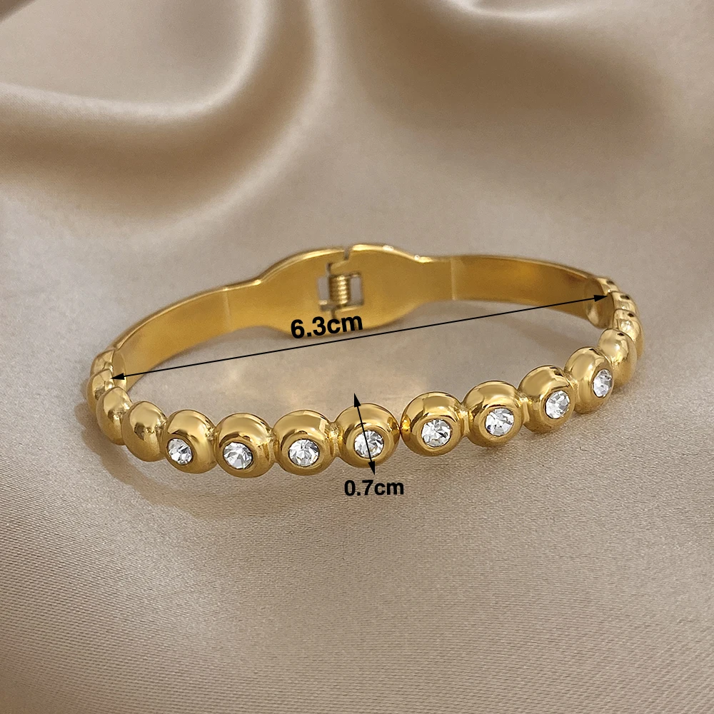 DODOHAO Retro Round Stainless Steel Bracelet for Women Minimalist Rhinestone Geometric Opening Bangle Bracelet for Daily Jewelry