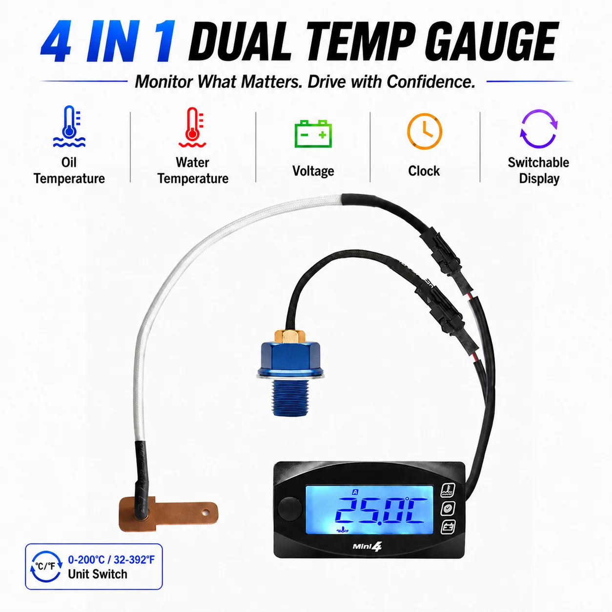 Universal  4 in 1 Motorcycle Digital Oil Temp Water Temp Clock Volt Mini LED Square Gauge for NMAX XMAX PCX Scooter