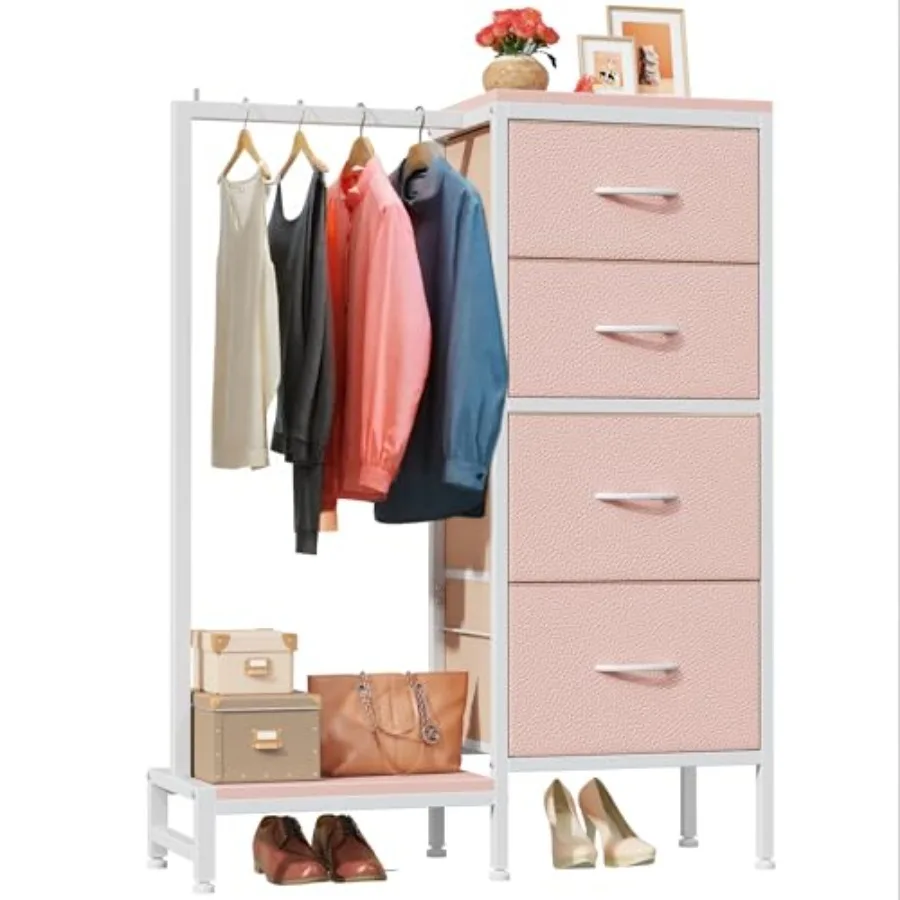 Dresser with Hanging Rack 4 Drawers Small Closet for Bedroom Reversible Fabric Chest of Drawers with Clothes Rack Tall Storage