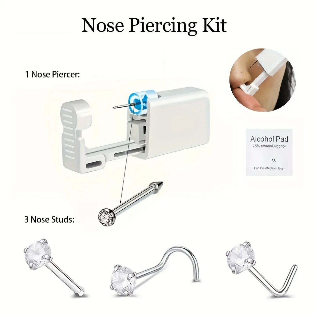 4pcs Y2K Style Disposable Sterile Nose Piercing Kit for Men Women Safe Professional Stainless Steel CZ Nose Studs Piercer Tool