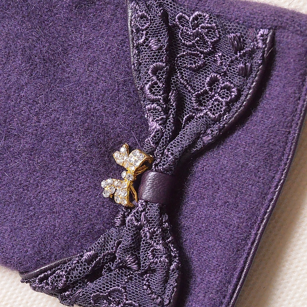 New Fall Winter Wool Solid Gloves Fashion Lace Embroideried And Bow Rhinestones Pendant Elegant Purple Mitten Gloves