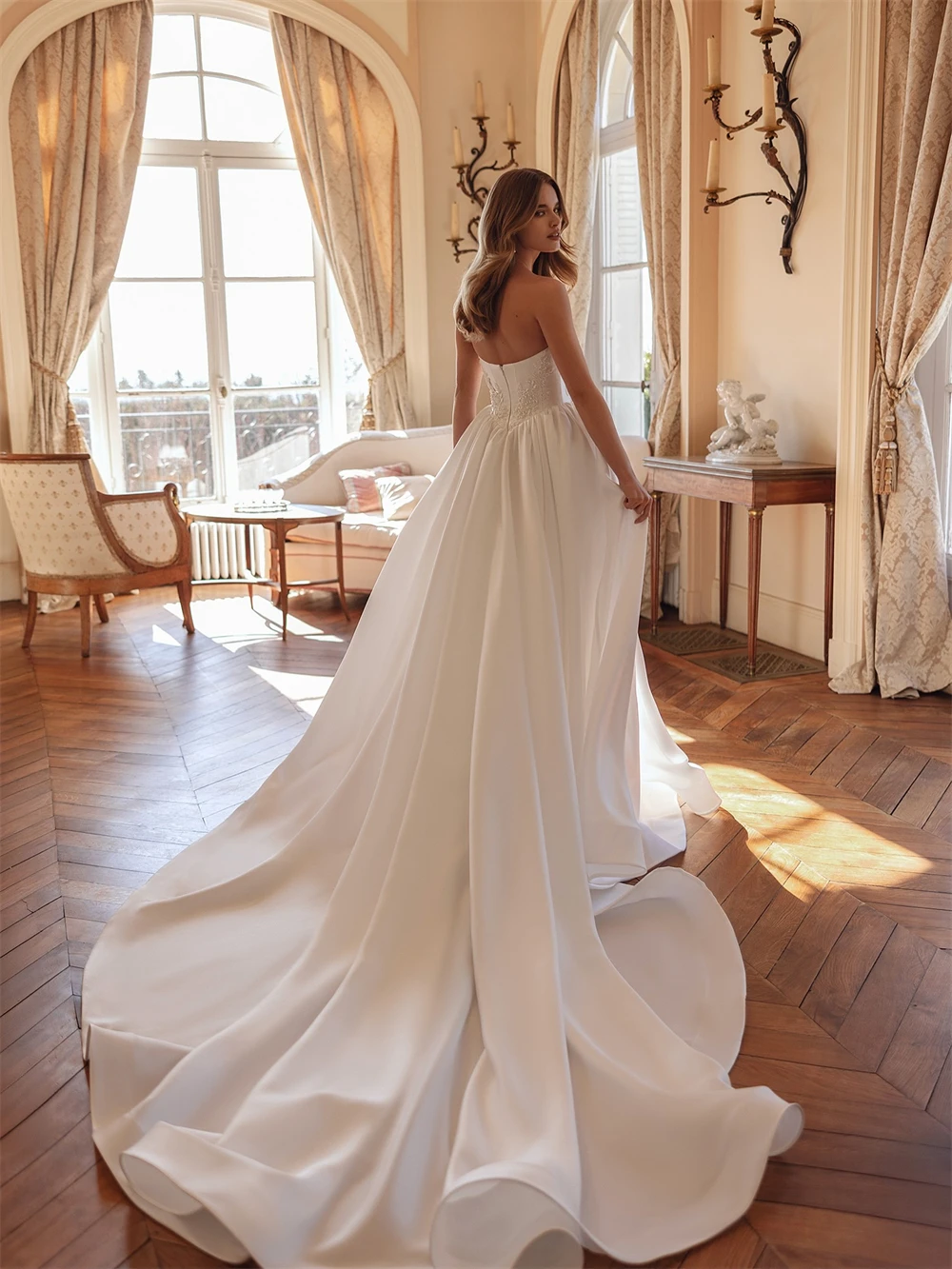 

Customized Boho White Satin Wedding Dress Dreamy Strapless Sleeveless Bridal Gowns Soft A-Line Chapel Train Vestido De Novia