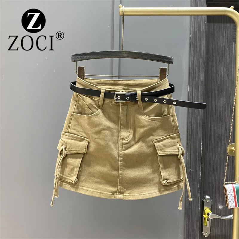 [ZOCI] Workwear Pocket Tie Denim Midi Skirt Women Summer High Waist Slim Fit Girl A-line Hip Hugging Short