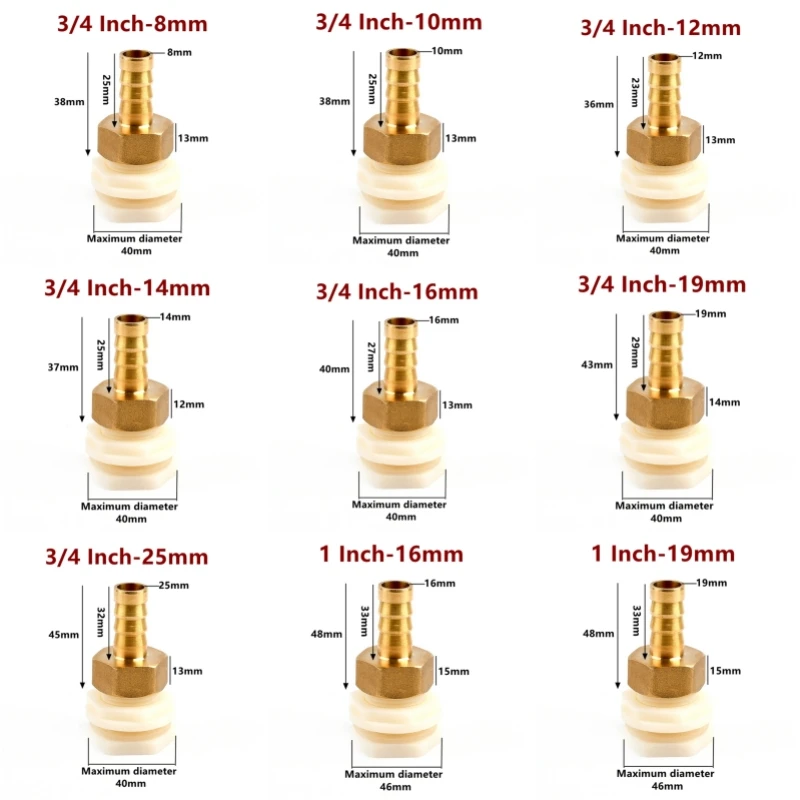 ABS 3/4 1 Inch 8~32mm Brass Water Tank Connector Aquarium Garden Irrigation Hose Water Pipe Joint Water Tank Drainage Joints