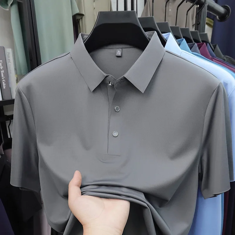Men's Solid Color Ice Silk Polo Shirt Smooth Breathable Fabric Short Sleeve Lapel Top For Business And Daily Wear