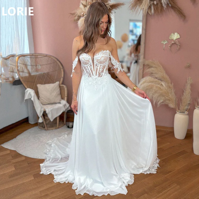 

LORIE A-Line Lace Wedding Dresses Off The Shoulder Sleeveless Bridal Gowns Backless Princess Appliques Bride Gown Customized