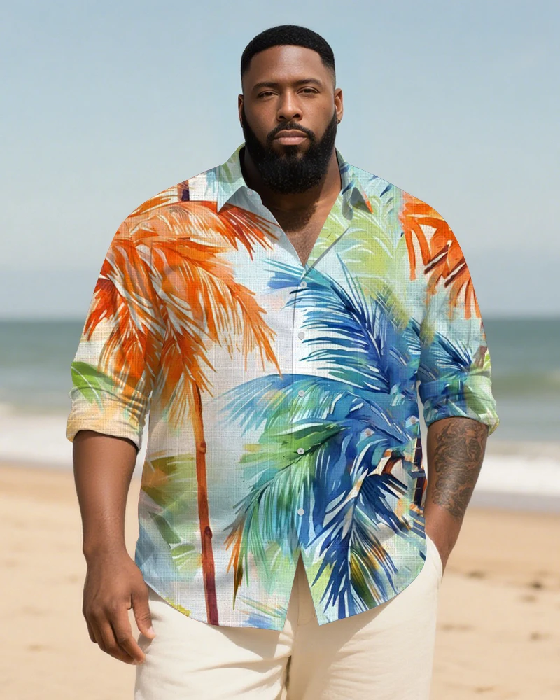 

S-9XL Plus Size Men's Hawaiian Palm Print Linen Shirt, Tropical Gradient Casual Button-Down, Multi-Designs Available