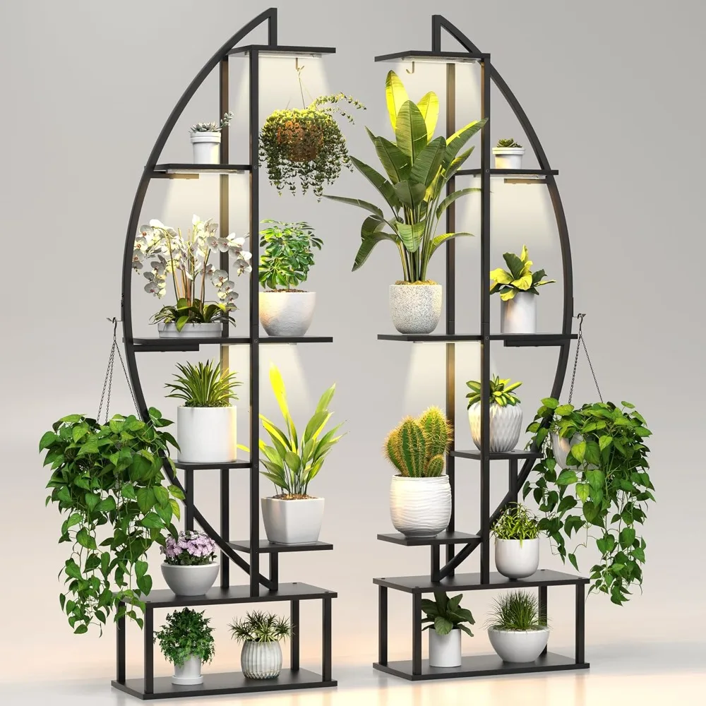 

Plant Stand Shelf Rack Indoor with 6 Built in Grow Light & Hanging Hook, 2 Circle Sturdy Tiered Herb Shelving with Lighting