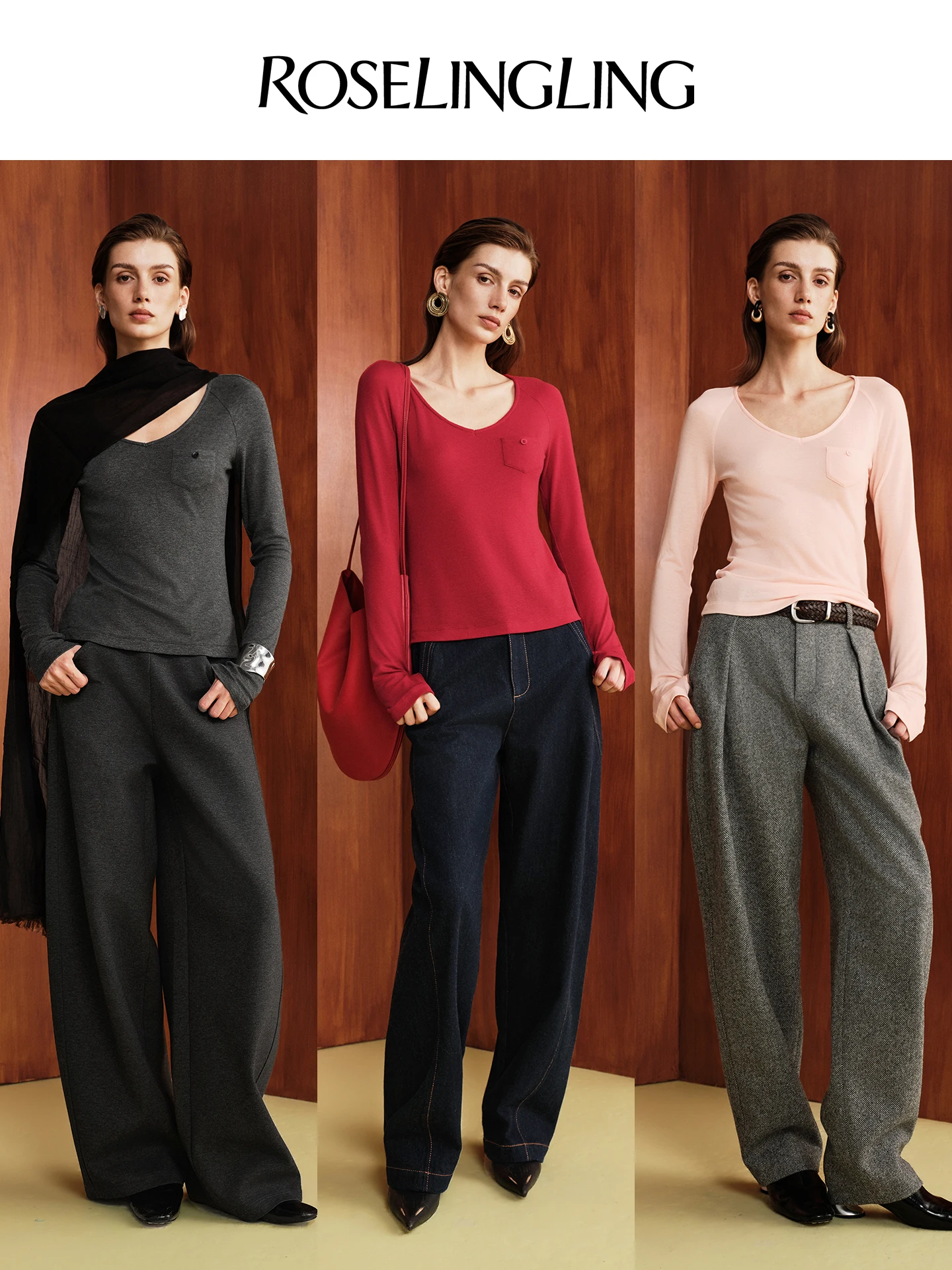 Warm Woolen Knitted Set with Wide Leg Pants V-Neck Long Sleeve RoseLingLing Comfort Series  Wool Blend Fall Collection