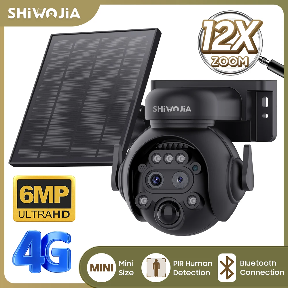 SHIWOJIA 3K 6MP Solar Camera 4G/WIFI Mini Security Outdoor 12X Dual Lens CCTV 7800mA Battery  Surveillance Video Camera