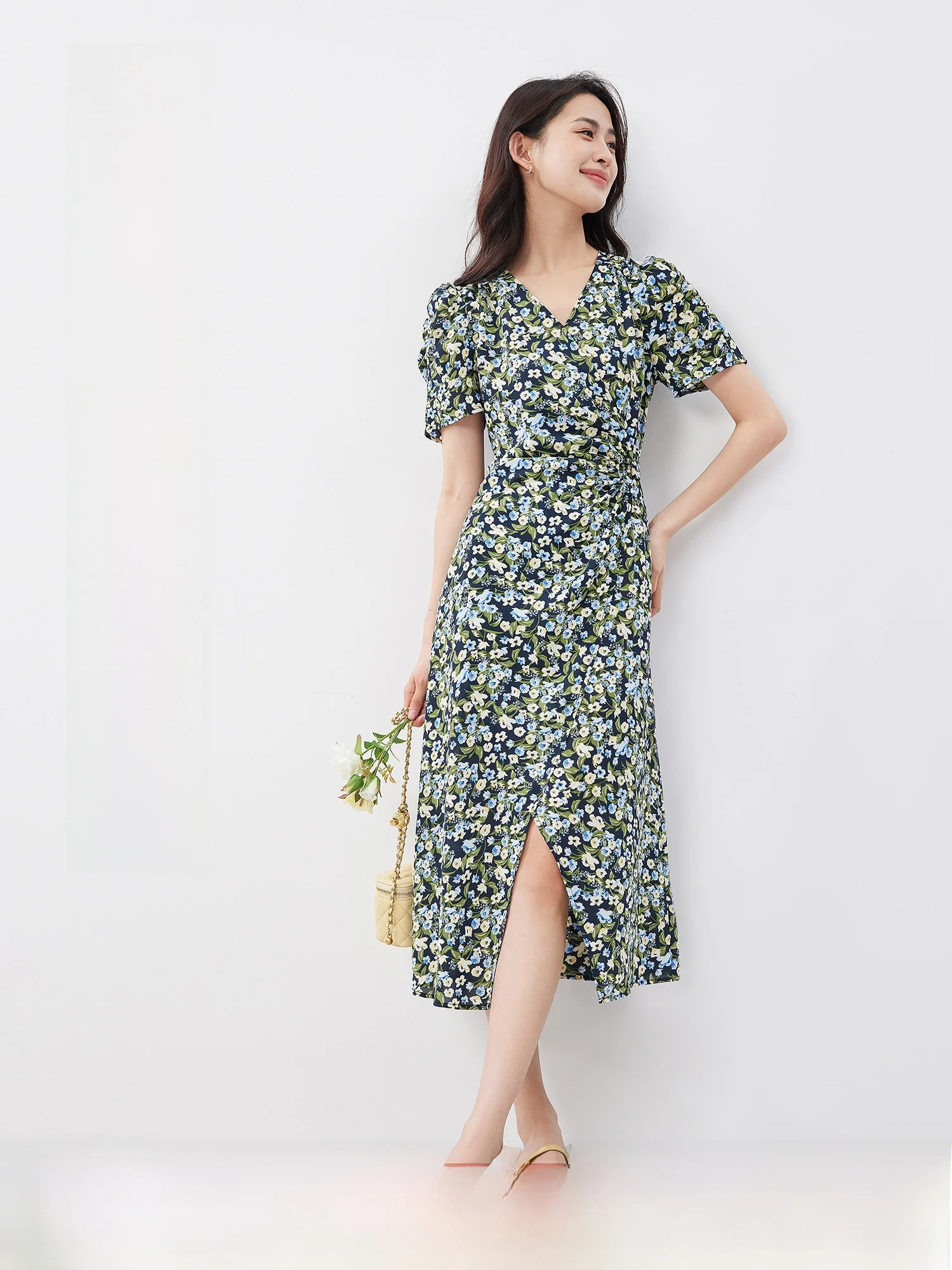 

Романтическое цветочное платье-халат с V-образным вырезом, подчеркивающее талию, винтажное, из полиэстера, с пышными рукавами, длинное летнее платье