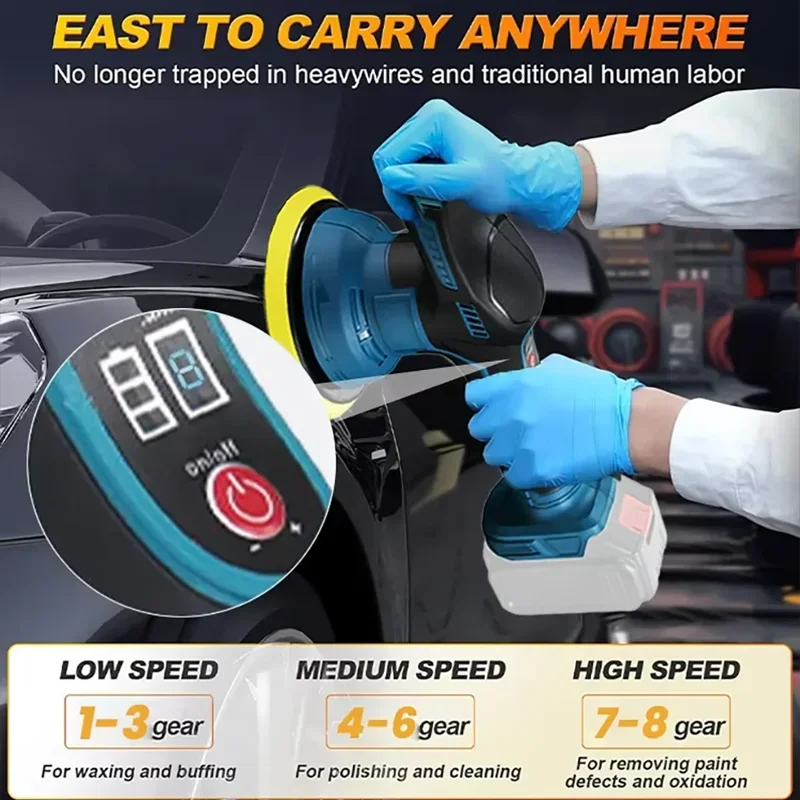 เครื่องขัดสีรถยนต์ไร้สาย 8 ระดับความเร็ว ใช้แบตเตอรี่ Makita 18V สำหรับงานเคลือบเงาและดูแลรักษารถยนต์