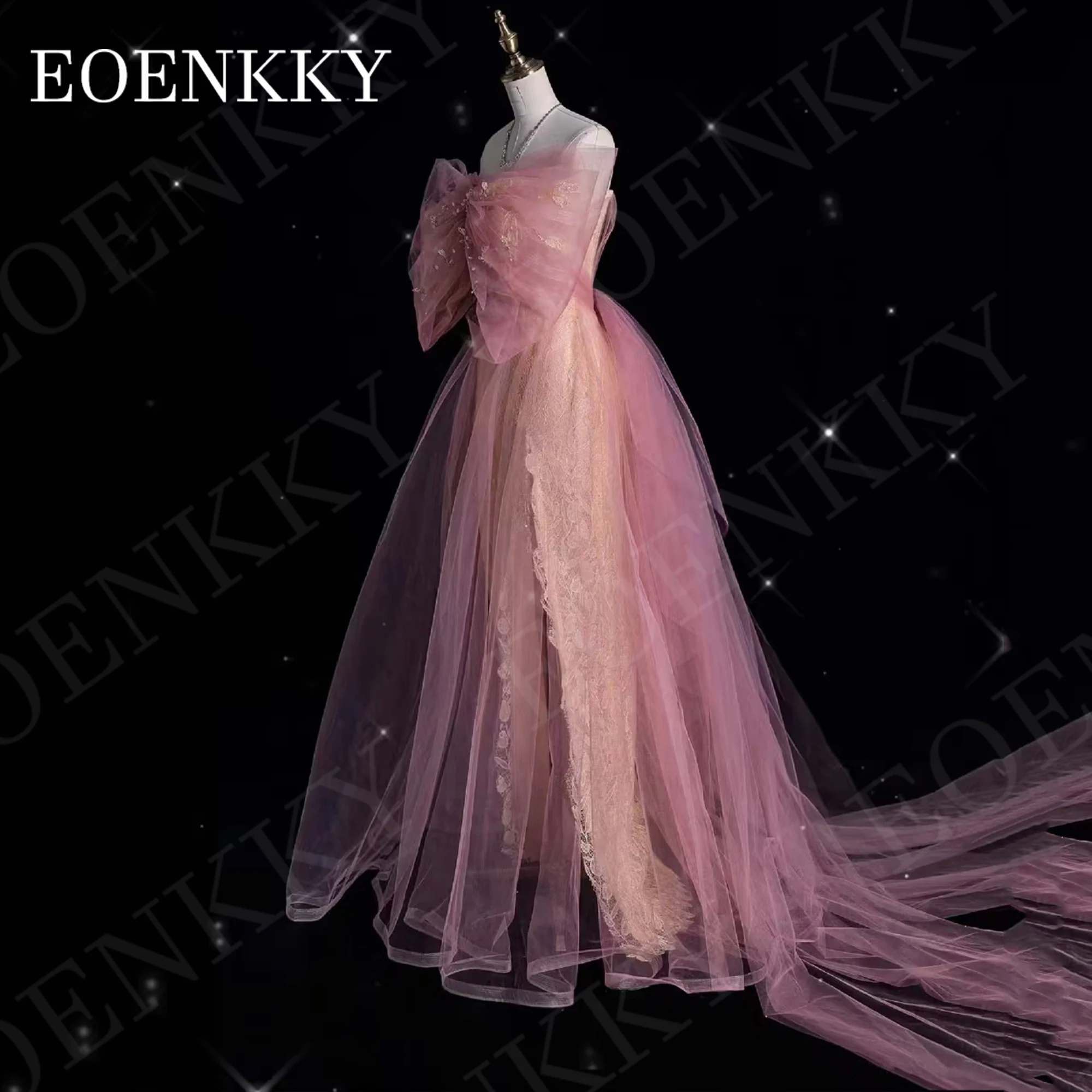 EOENKKY abito da ballo monospalla elegante fiocco rosa pizzo Tulle abiti da festa formali donna una linea che borda Una spalla Abito da ballo Elegante Rosa Bow Pizzo Tulle Abiti da festa formali Donna A Line Perline