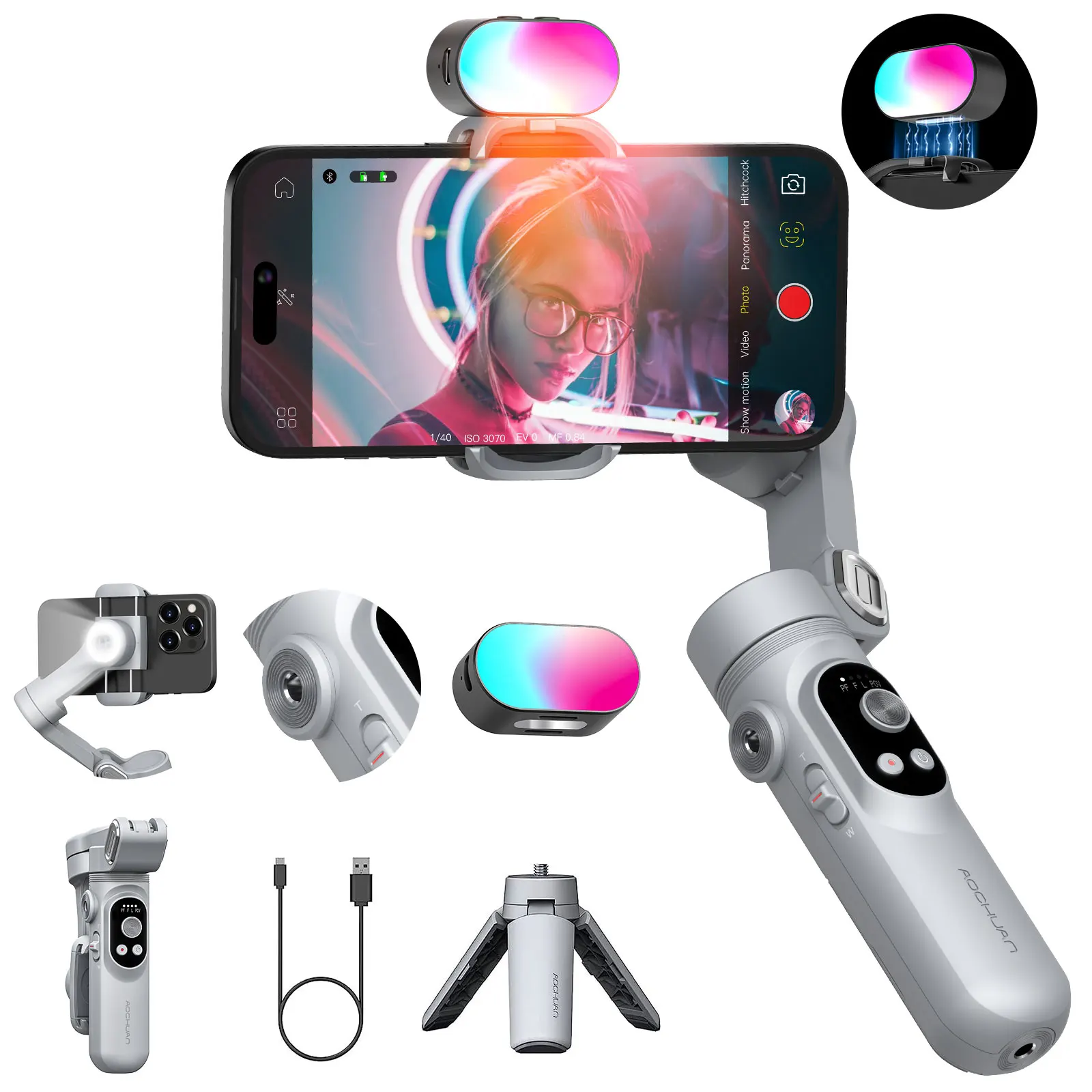 Gimbal Stabilizer for Smartphone Light Face Tracking Inception Timelapse Foldable 3Axis Gimble for phone AOCHUAN SmartX Gray Kit