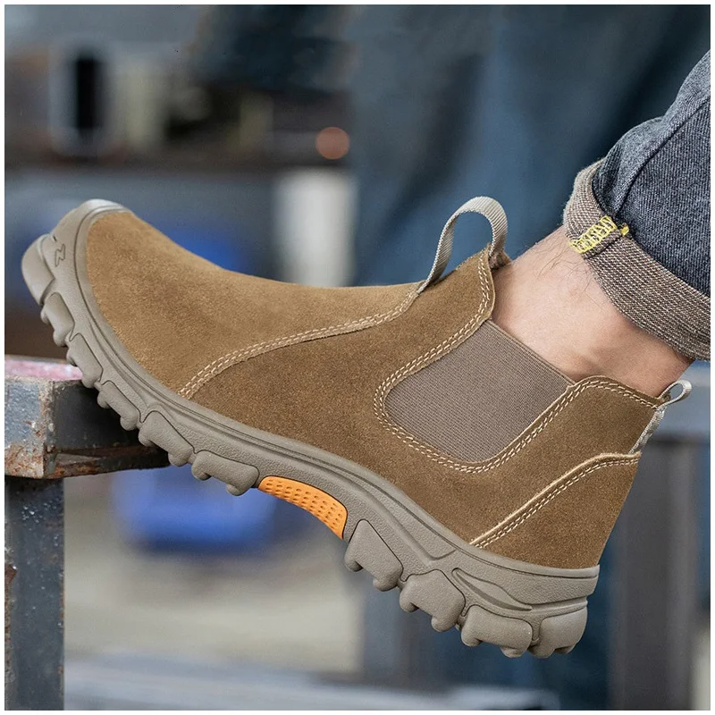 plus size mens casual steel toe caps boots slip-on cow suede leather welding safety shoes working ankle botas security footwear