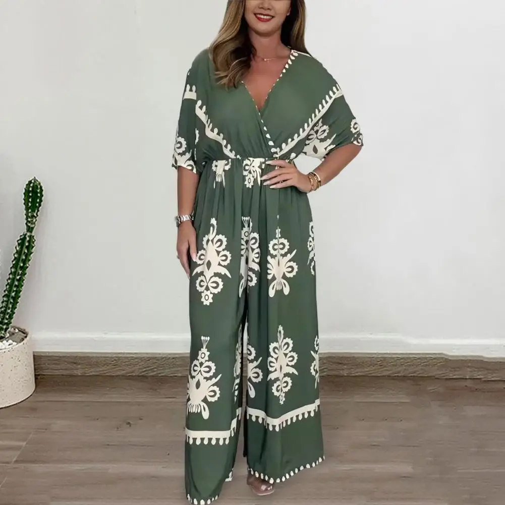 Retro Print Jumpsuit Bohemian Strand Lange Jumpsuit Stijlvolle Plus Size V-Hals Wijde Pijpen Zomer Dames Eendelig Geplooid Hoog