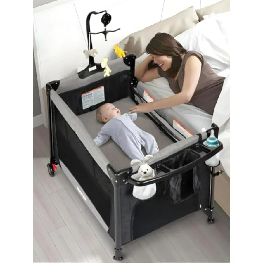 

Portable Baby Bassinet Pack and Play with Diaper Changer Mosquito Net Music Box One-Click Installation Bedside Sleeper for Newb