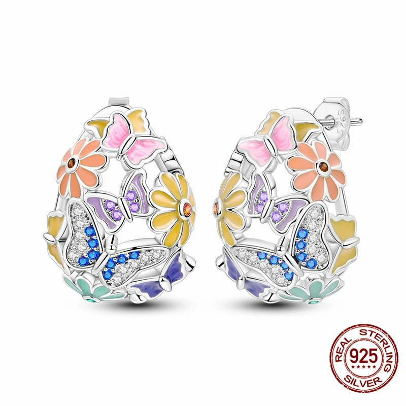 

Hot Selling 925 Sterling Silver Hoop Glazed Flowers And Butterflies Earrings for Women Pretty Wedding Holiday Jewelry Gifts