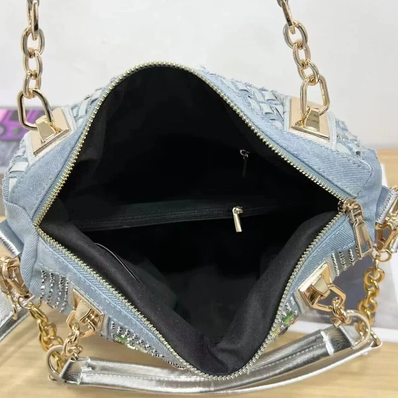 Denim Cloth Bags For Women Luxury Designer Handbags Purses 2024 New In Mosaic Shiny Colorful Imitation Diamond Underarm Shoulder