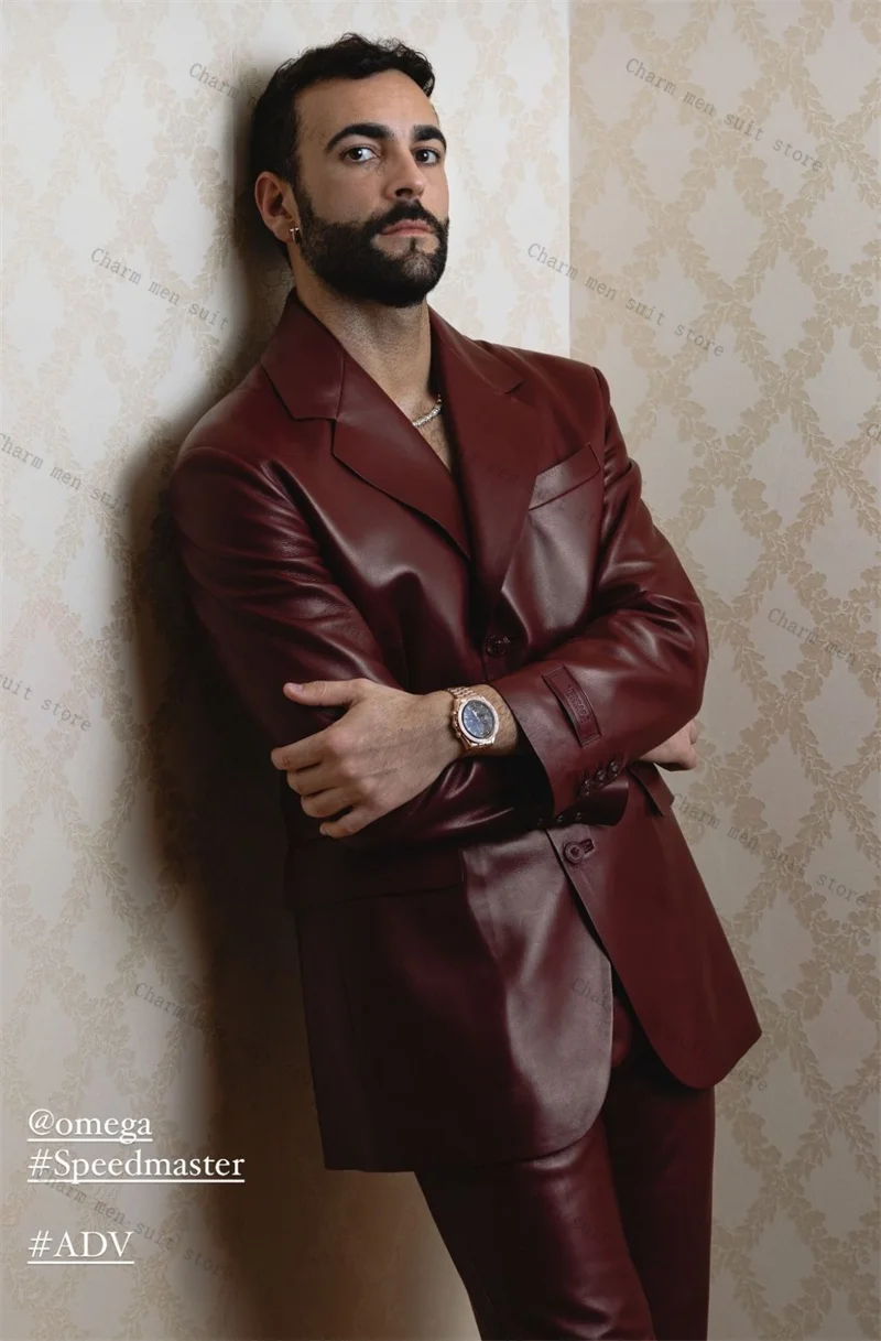 

PU Leather Men Suits Set 2 Pcs Blazer+Pant Trousers Wedding Tuxedo Autumn Fall Formal Office Business Groom Jacket Coat