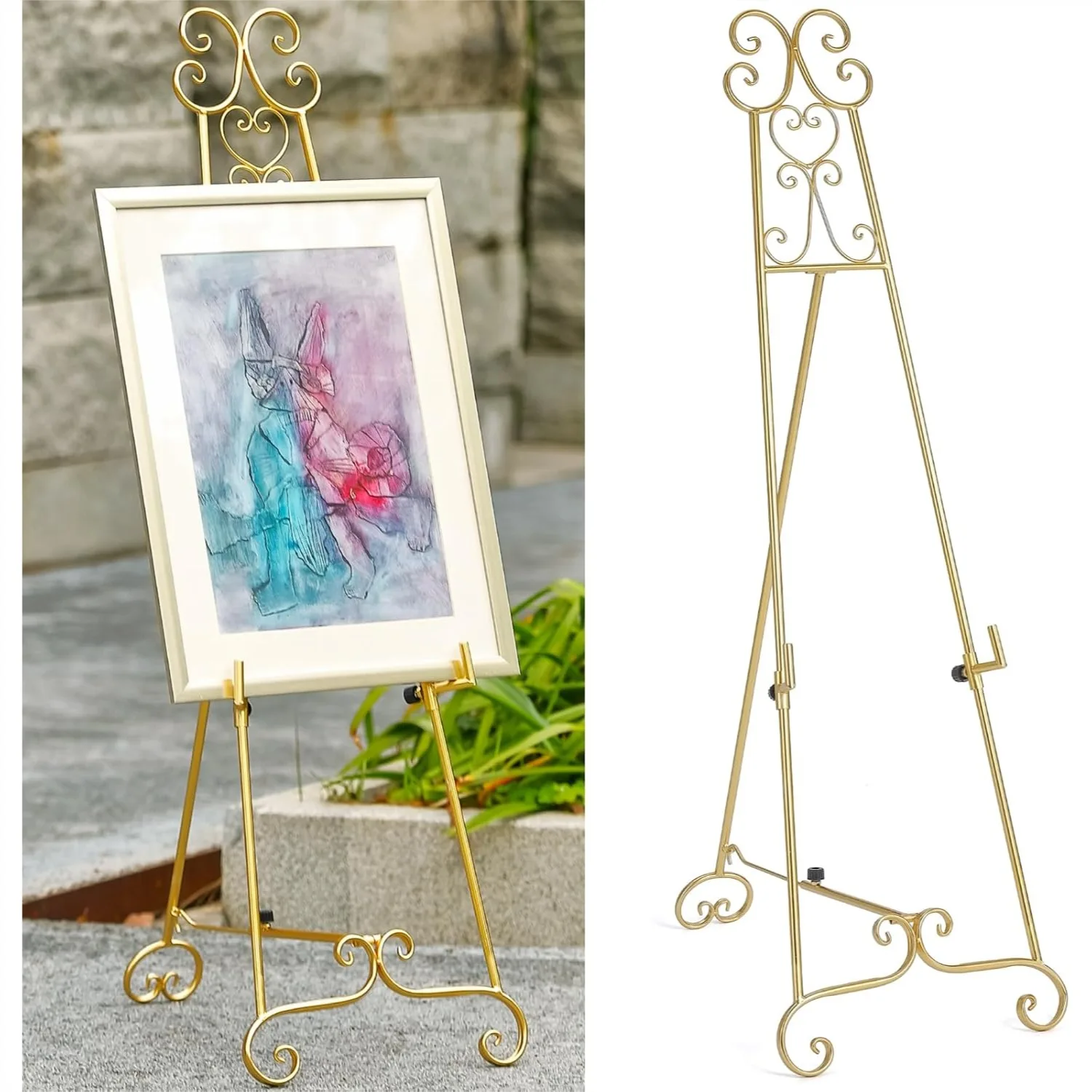 

Heavy Duty Metal Easel Stand, Adjustable Scroll Display Stand with Chain Support for Sign, Mirror, Wedding - No Installation