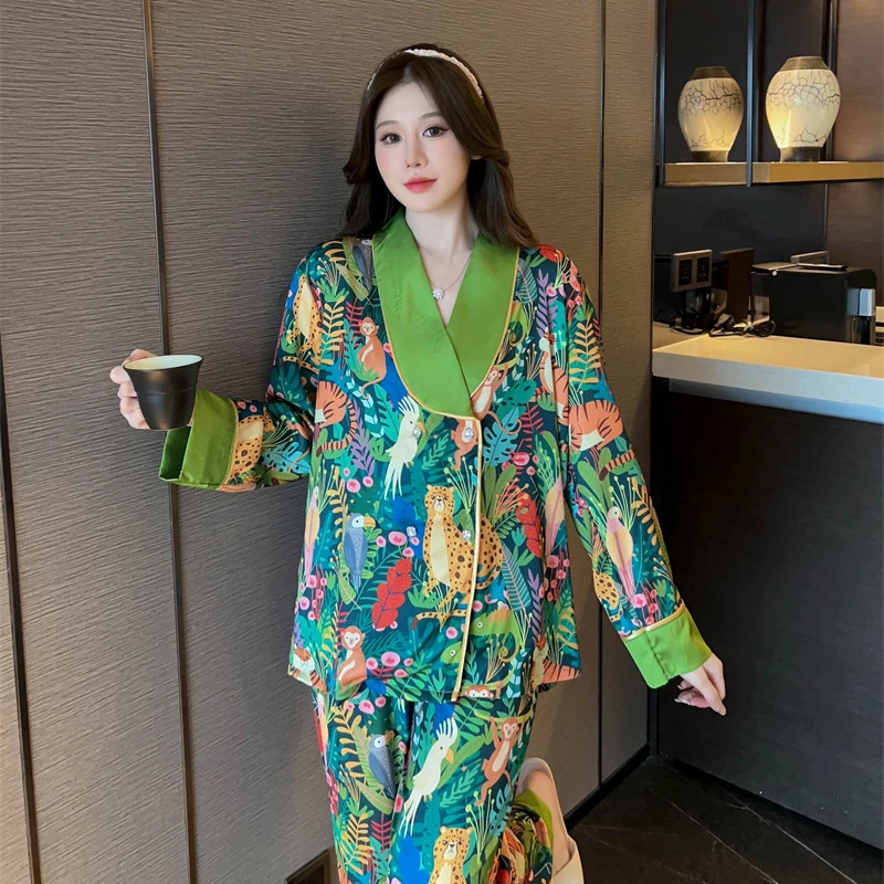 Print Animal Flower V-neck Luxury Pajamas Set for Women Autumn New Casual 2024 Home Suit Nightwear All-match Soft Korean Pajamas