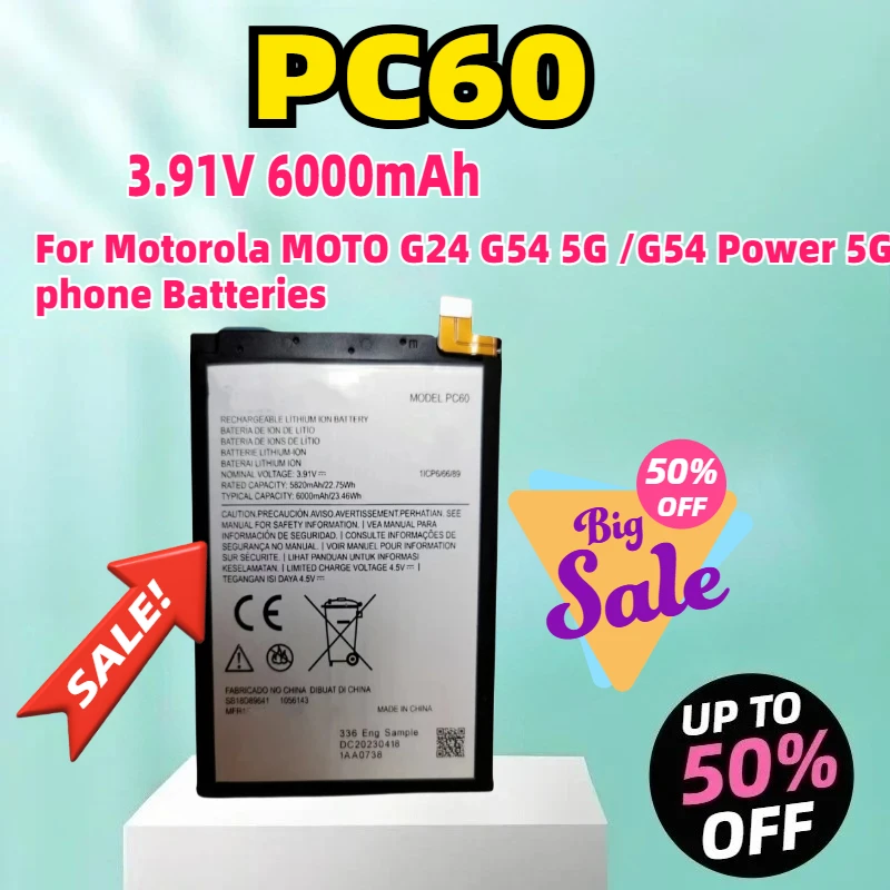 

PC60 3,91 В 6000 мАч аккумулятор для Motorola MOTO G24 G54 5G/G54 Power 5G аккумуляторы для телефонов