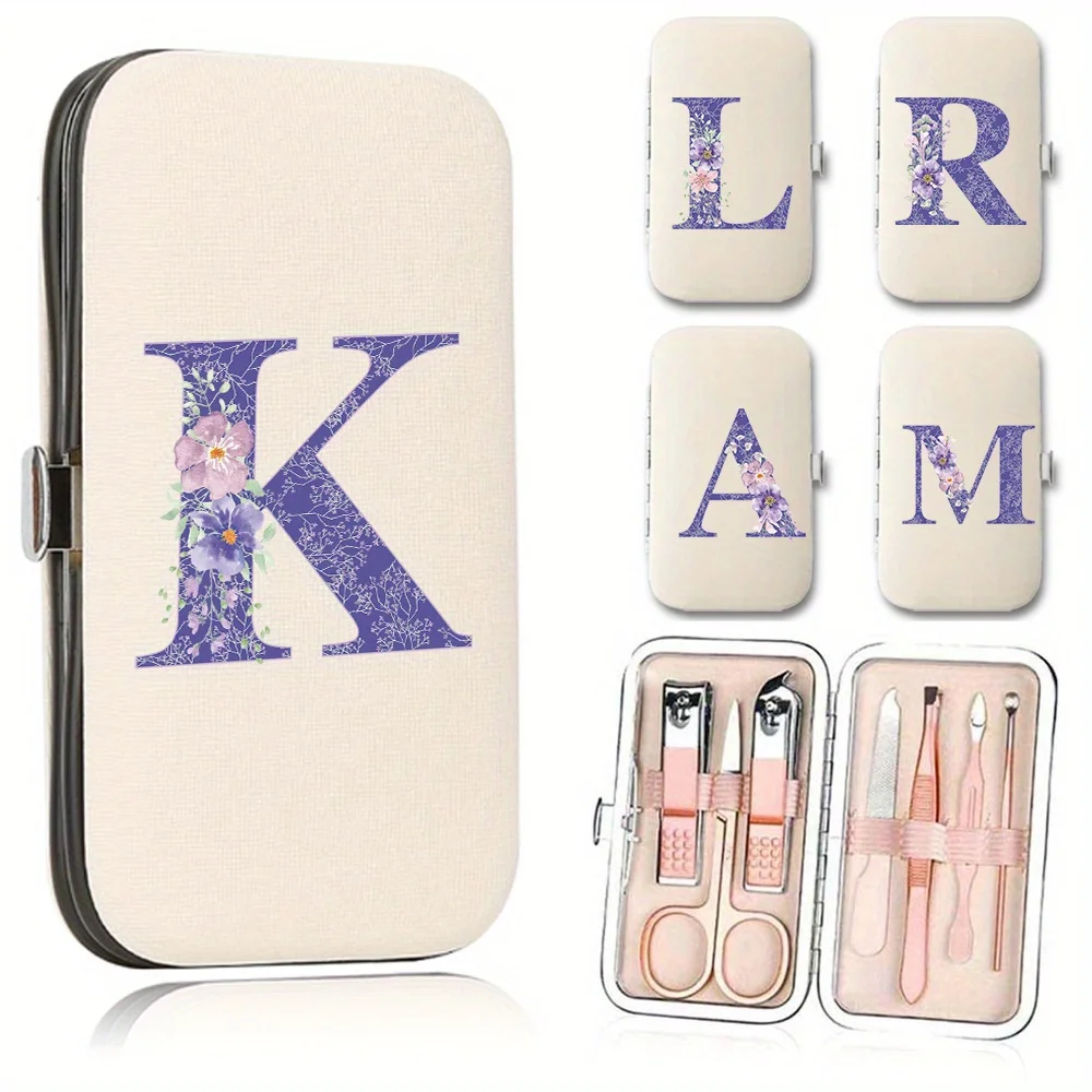 

7Pcs Household Pedicure Manicure Tool Kit With Portable Storage Case Manicure Tools Purple Flower Letter Pattern Ideal Gifts