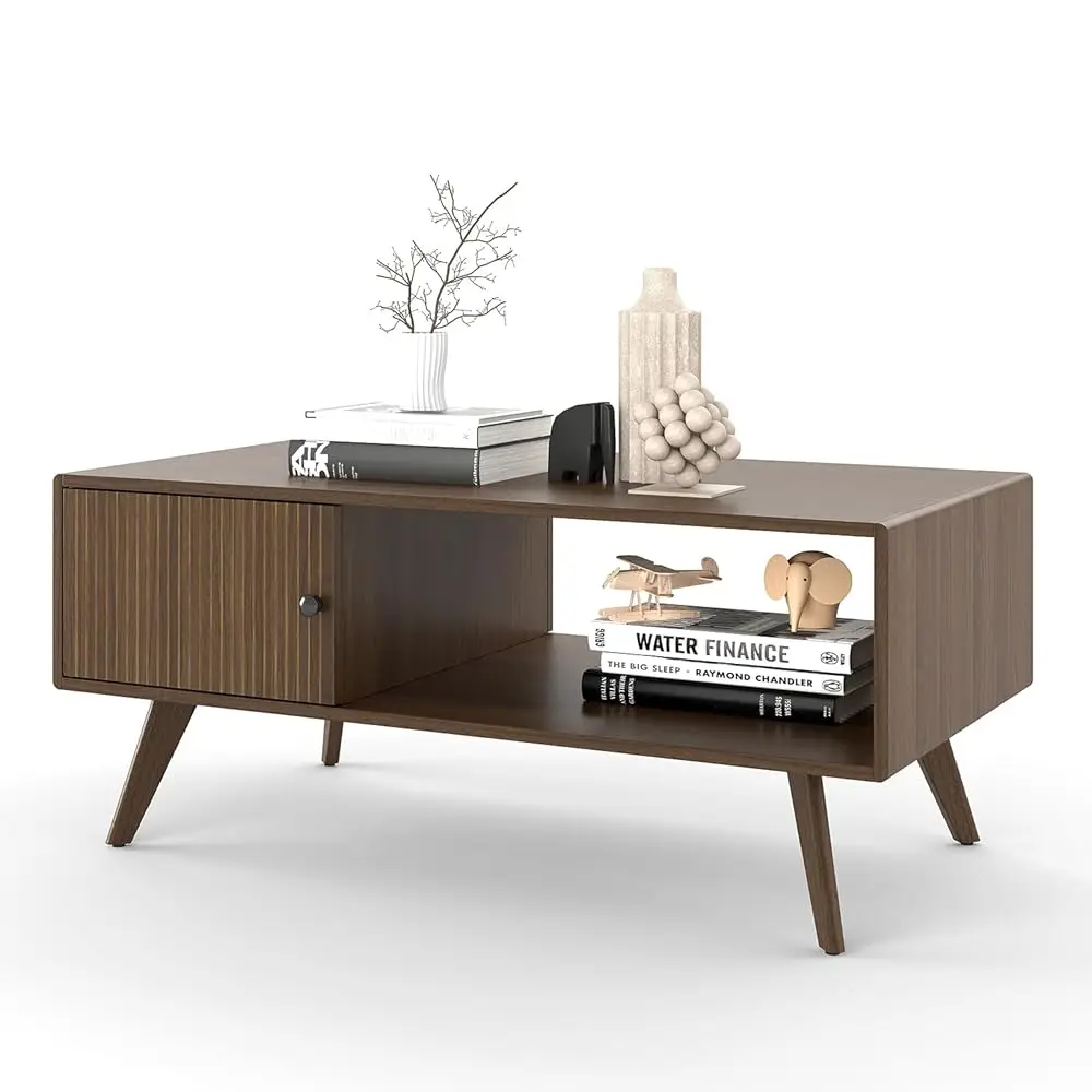 

Журнальный столик в стиле Mid-Century Modern с тумбой для хранения и открытой полкой, деревянный стол для гостиной с рифленым выдвижным ящиком и массивной деревянной отделкой.
