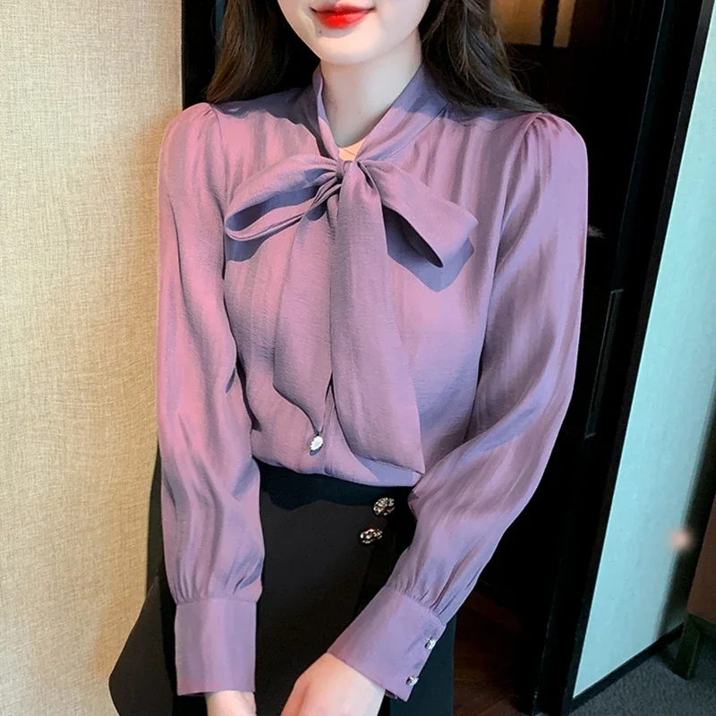 Elegant Chiffon Shirts Women Long Sleeve Retro Blouses Korean Fashion Clothing Casual Blusas Mujer Bow Neck Office Ladies Tops