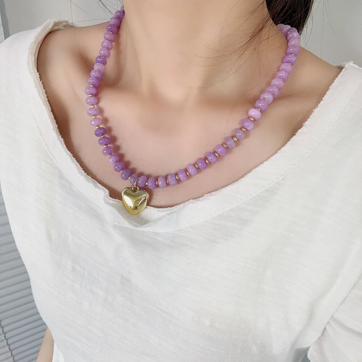 Gold Color Stainless Steel Puffy Love Heart Pendant Necklace Women Colorful Natural Stone Choker Summer Stackable Beach Jewelry