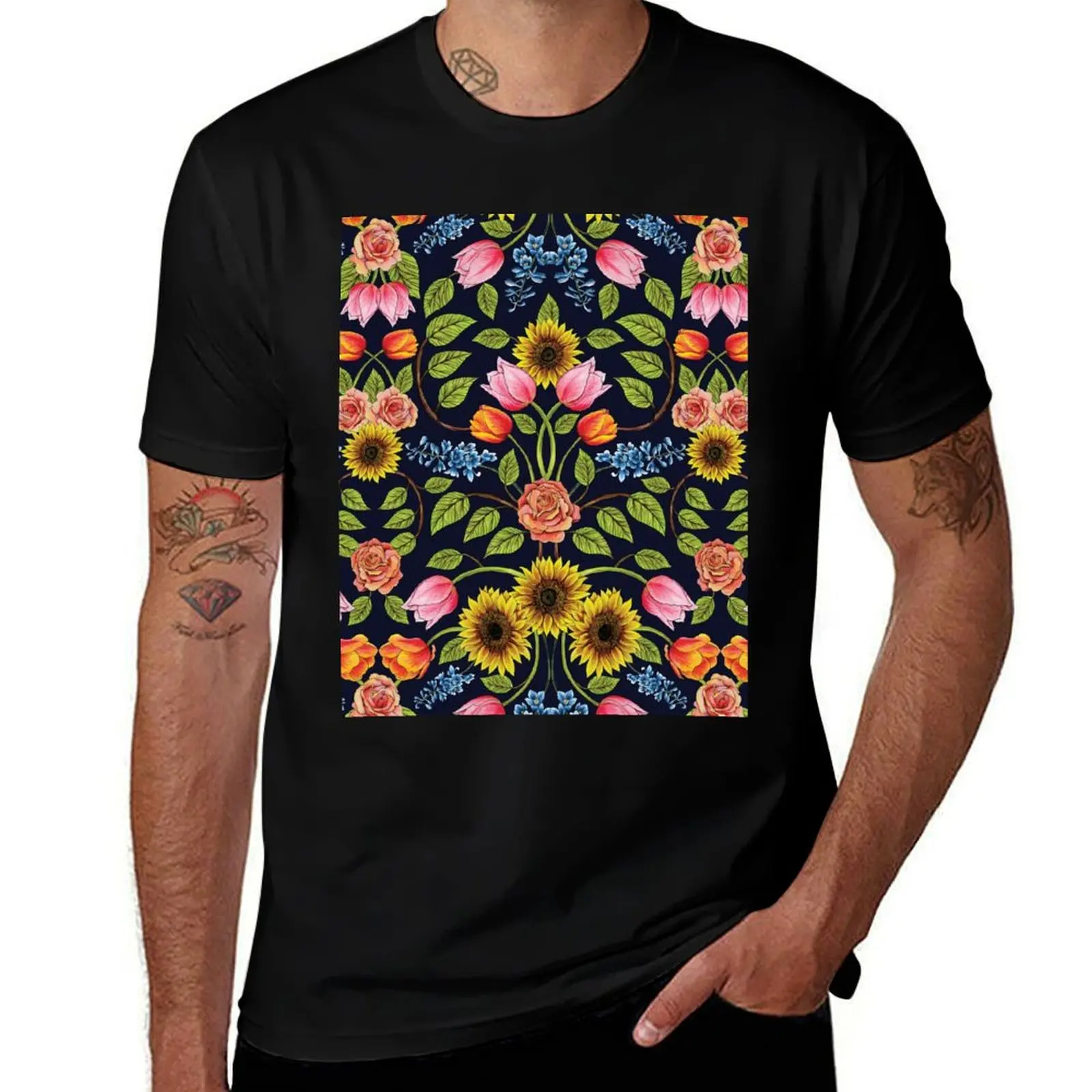 Dark Floral Print - Sunflowers, Tulips, Roses & Delphinium T-Shirt T-shirts oversize new edition Funny t-shirt men clothing