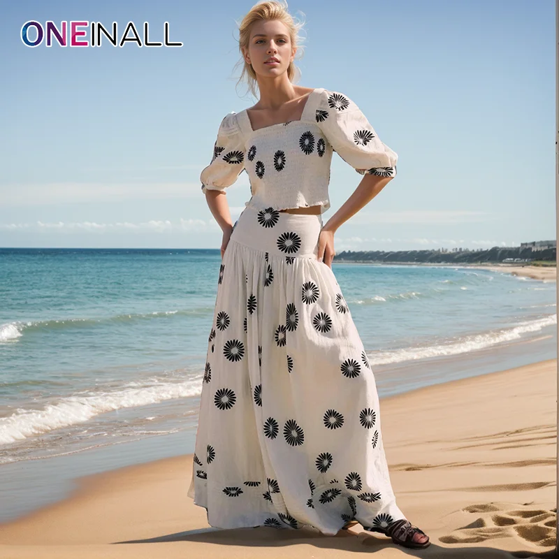 ONEINALL Hit Color Printing Two Piece Set For Women Square Collar Puff Sleeve Tops High Waist Skirts Casual Sets Female Clothing