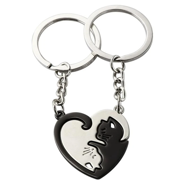 

Couple Keychain Black White Matching Puzzle for Cat Animal Charm Pendant Heart Shaped Metal Keyring Valentines Gift