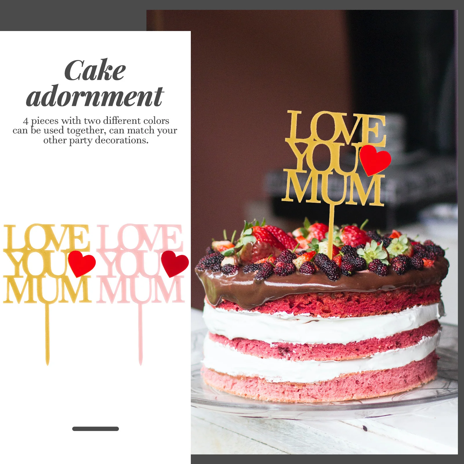 

4pcs Topper Inserts Lovely Pattern Clear Printing For Mother'S Day Party Birthday Baking Decorations Festival Cake Adornment