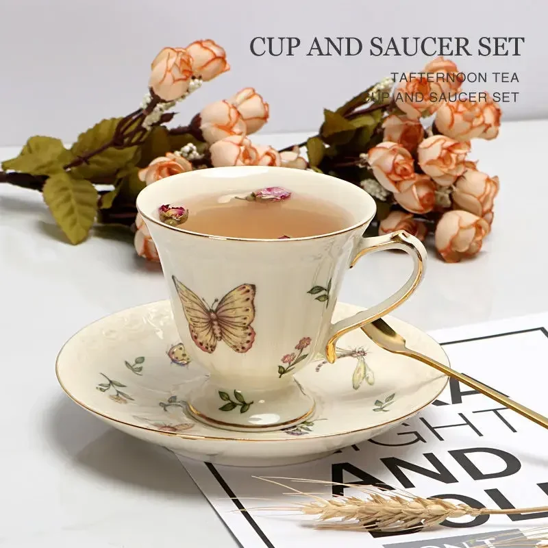 European Butterfly Insect Pattern Coffee Cup Saucer Set Vintage English Afternoon Tea Exquisite Black Tea Cup Pot Spoon