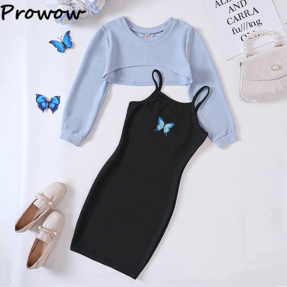 Prowow Girl's Dresses and Coat Set Teenager Clothing Fall Winter Short Top+Butterfly Hip Dress For Girls Teen Children Dress