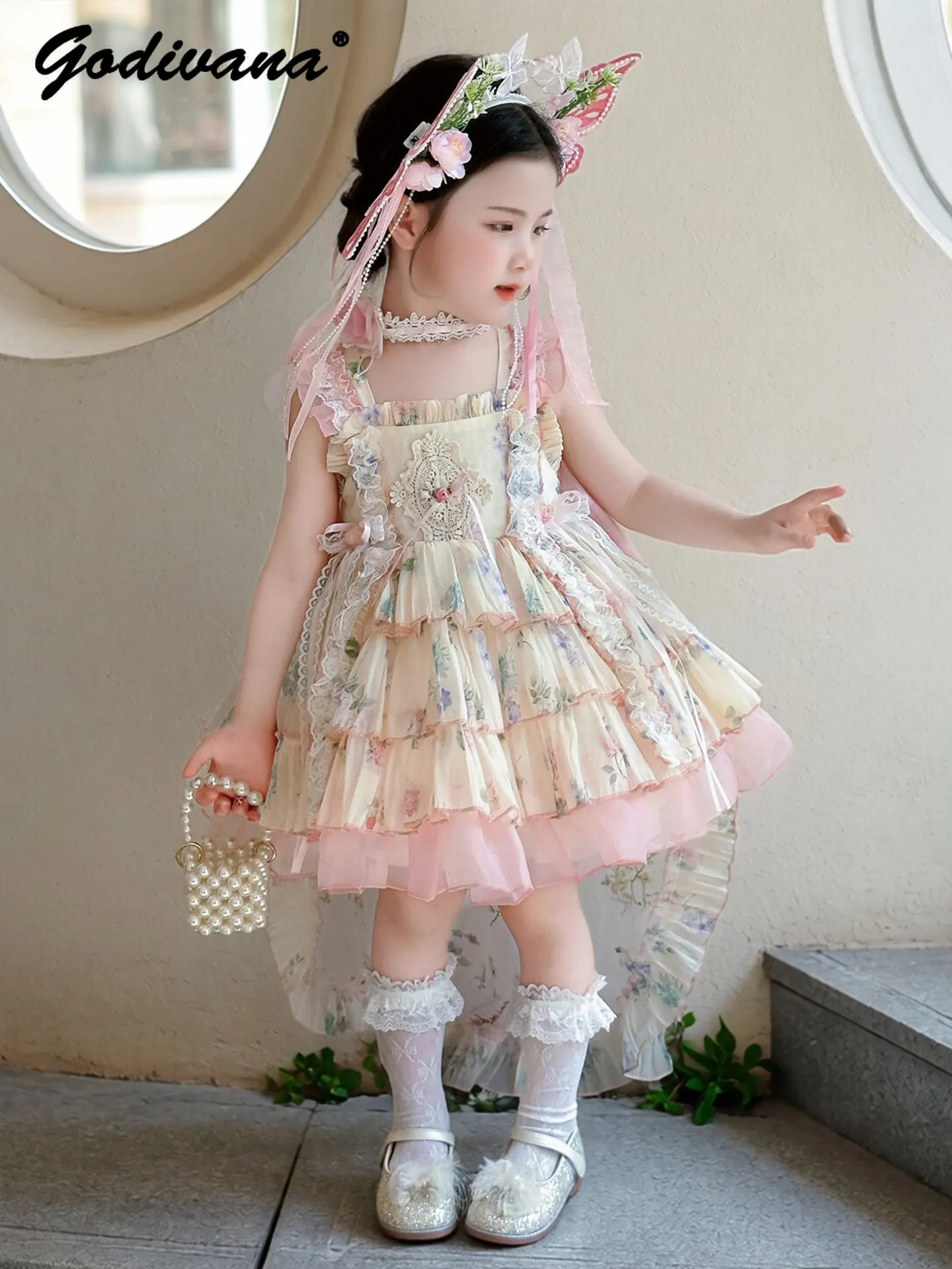 Sweet Baby Girls High End Floral Lolita Princess Dress New 2026 Summer Childrens Sleeveless Lace Trim Bow Train Birthday Gown
