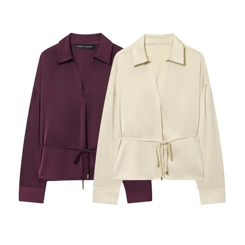 

2026 High Quality Women Fashion Lacing Button Blouses Tops Female Spring New Casual Solid Long Sleeve Satin Office Loose Shirts