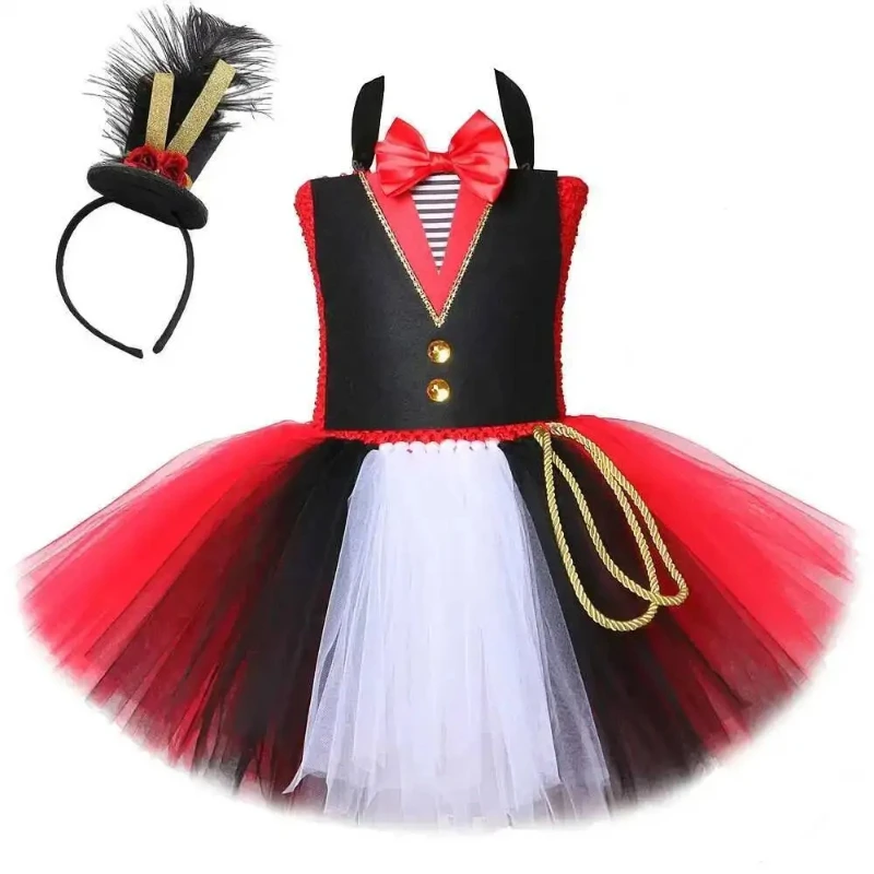 

Circus Ringmaster Costumes for Girls Halloween Carnival Disguise Outfit with Feather Hat Bow for Kids Circus Show Fancy Dress