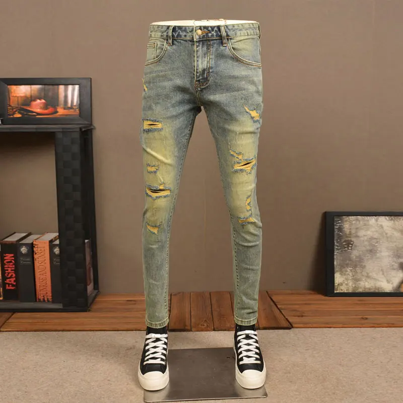 Homens retro lavado jeans rasgado, calça lápis, azul, stretch, ajuste magro, buraco, vintage, designer, hip hop, moda de rua