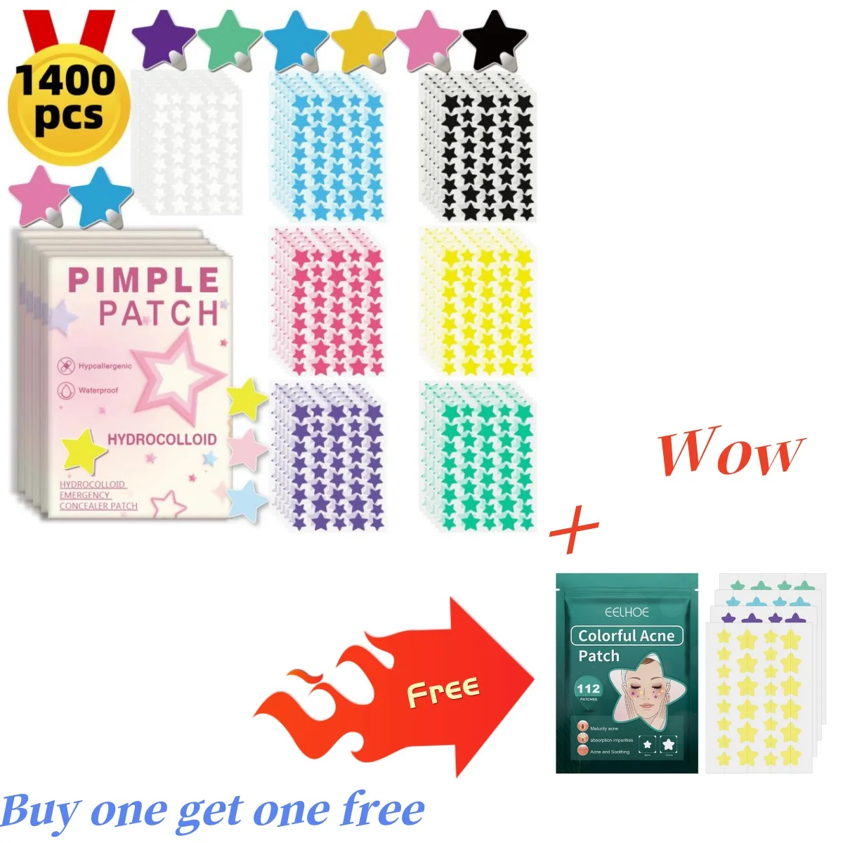 1400pcs + Free 112pcs Star Acne Patch Facial Skin Care Fade Blemishes Pimple Marks Closed Acne Blemishes Cover Acne Pimple Repai