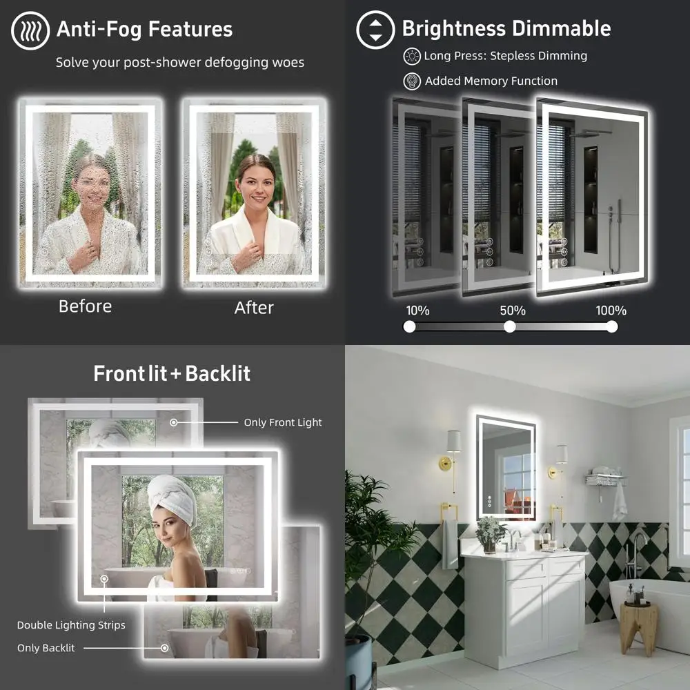 مرآة حمام مضيئة بإضاءة LED مقاس 24 × 32، قابلة للتعتيم، إضاءة مزدوجة، مرآة زينة من الزجاج المقسى مع أضواء خلفية وأمامية، 3 ألوان #1