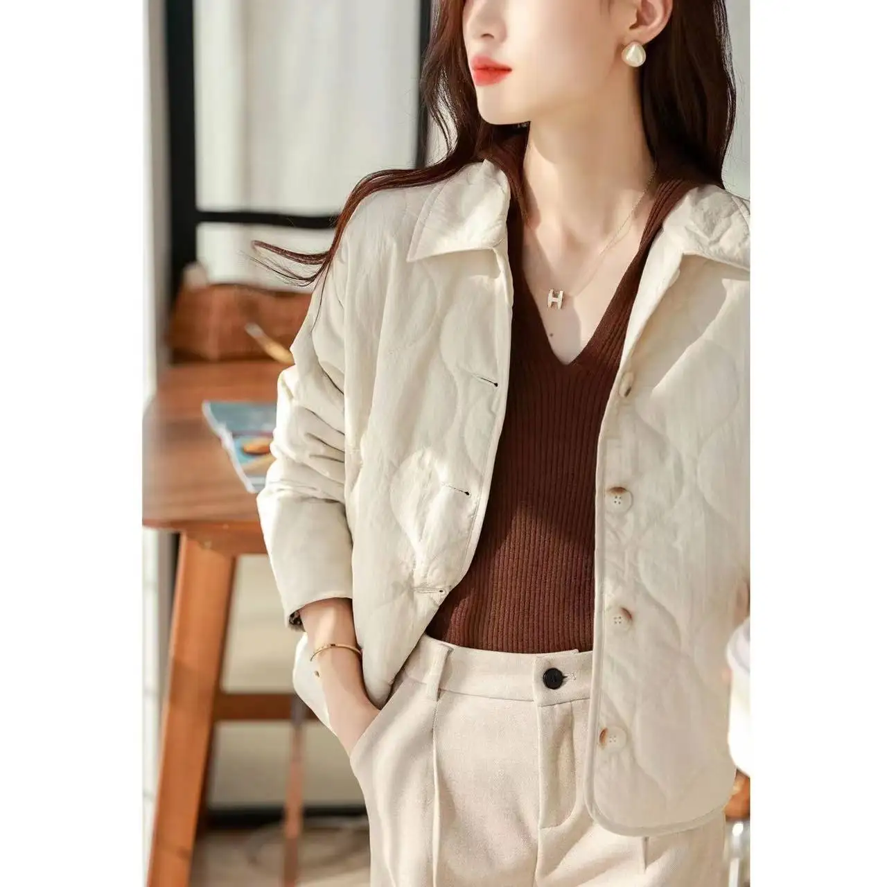 Lightweight Padded Cotton Jacket Short Straight Cut  Collar Autumn Winter Women's Fashion Commute Style Warm Long Sleeve