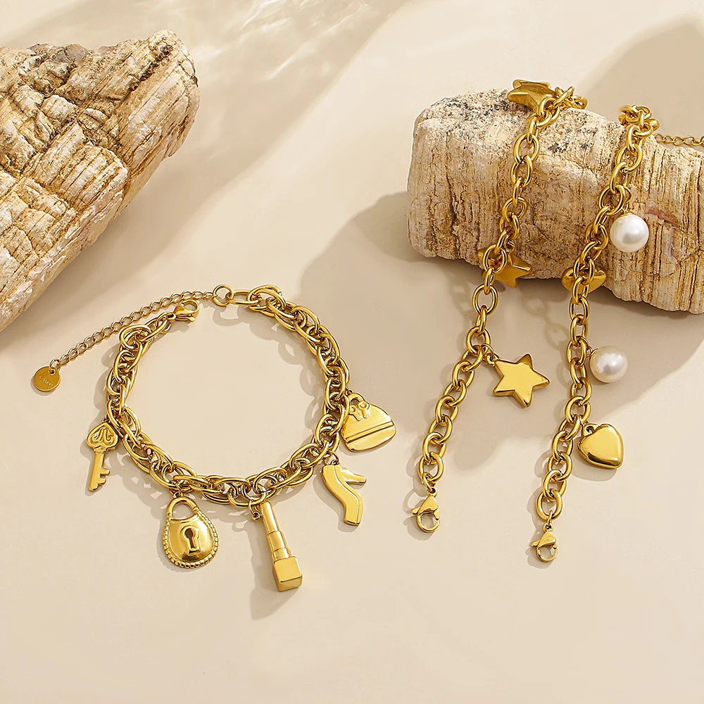 

New Waterproof Stainless Steel Layered Charm Bracelet for Women Luxury Gold Color Sun Conch Heart Pendant Bracelet Jewelry Gift