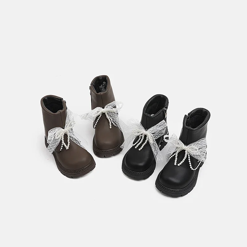 Girls Mid‑Calf Boots with Tulle Pearl Bow Decor,  PU Side‑Zipper Thick Non‑Slip Sole Sweet Princess Kids Fashion Boots