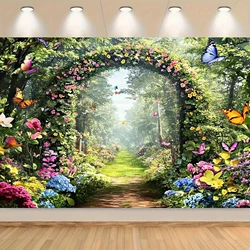 Charming spring backdrop - fairy forest and flower arches with colorful butterflies, birthday, party decorations