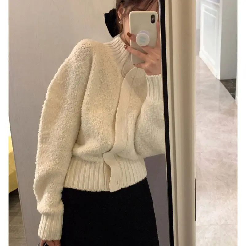 Turtleneck White Knitting Cardigan Coat Women Autumn Winter Simplicity Office Lady Sweater Casual Loose All-match Knitwear Tops