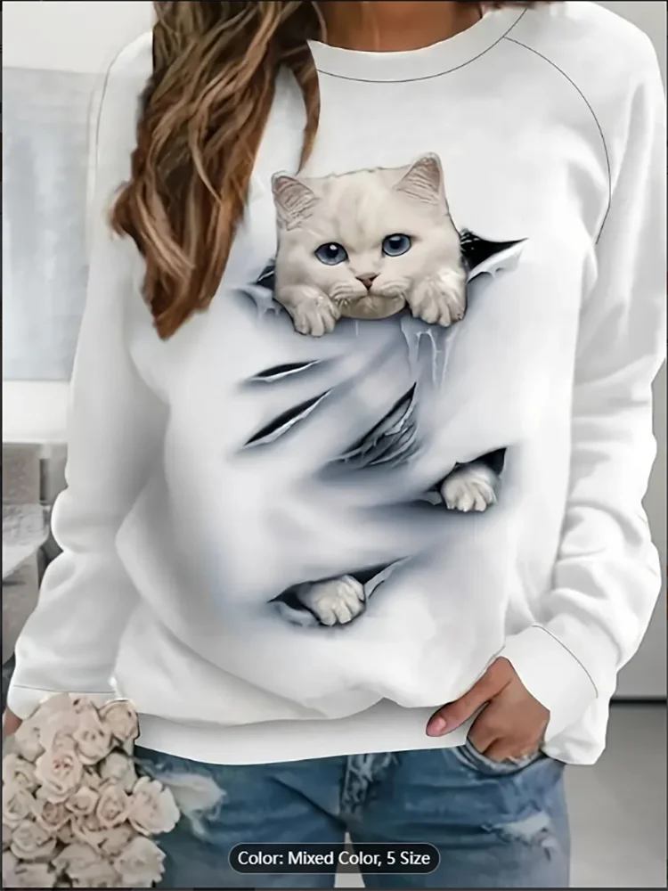 Women's White Sweatshirt with 3D Cat Breakthrough Graphic Print Casual Pullover Top Casual Long Leeve Machine Washable